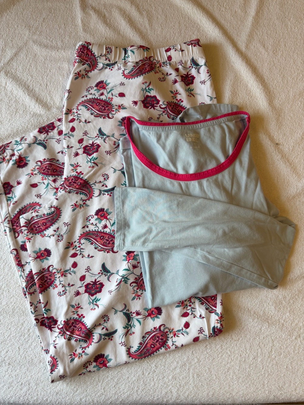 Lands End Women’s 2-Piece PJ set - Light Blue Top & Floral Pants w/ Pink Trim XL